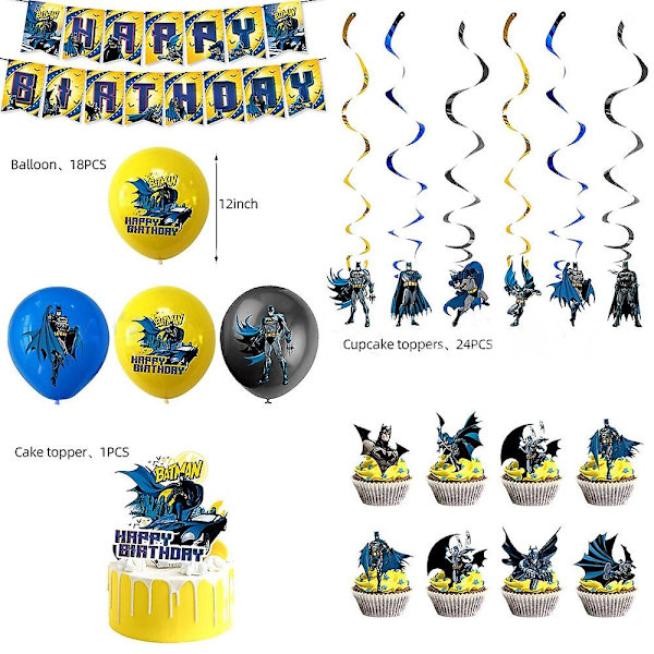 Batman-tema födelsedagsfestdekoration, superhjältefesttillbehör set inklusive Happy Birthday-banderoll [db]