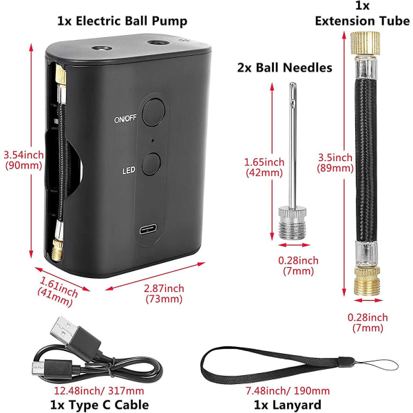 Elektrisk bollpump (20psi), bärbar basketbollpump med 2 nålar, uppladdningsbar luftpump bolluppblåsare för basketfotboll volleyboll fotboll Spo