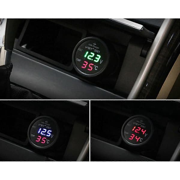 3-i-1 12/24V Bil Auto LED Digital Voltmeter Mätare Termometer USB Laddare [DB]