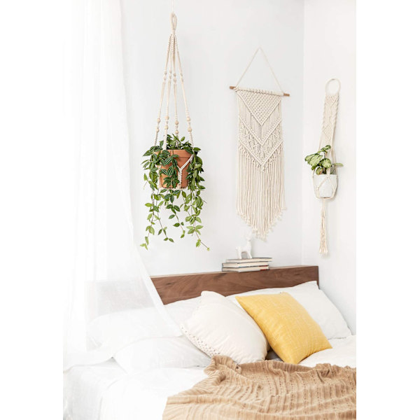 Macrame växt hängare inomhus hängande planteringskorg med träpärlor dekorativ blomkrukahållare utan tofsar för