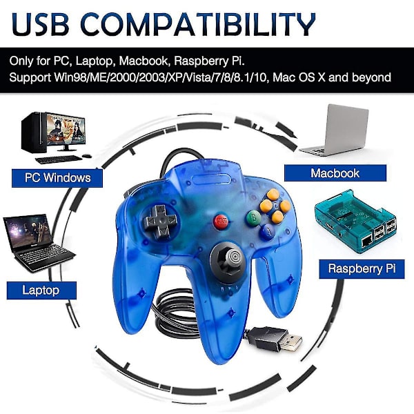 Klassisk USB-controller til N64-spil, USB Retro N64 Gamepad Joystick Joypad til Windows PC Mac Linux Raspberry Pi 3 (gennemsigtig lilla) [DB]