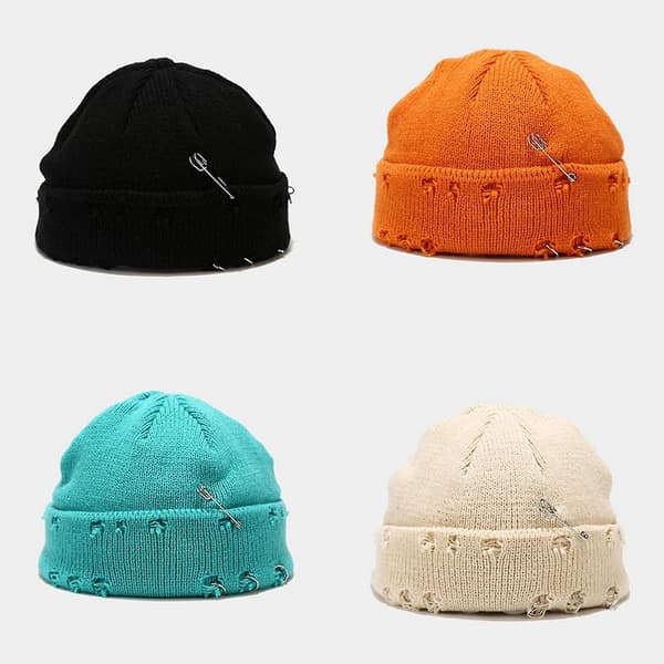 Vinterstrikket Beanie Hat med Pins O-ring Distressed Hul Cuffed Melon Skull Cap [DB] Blue