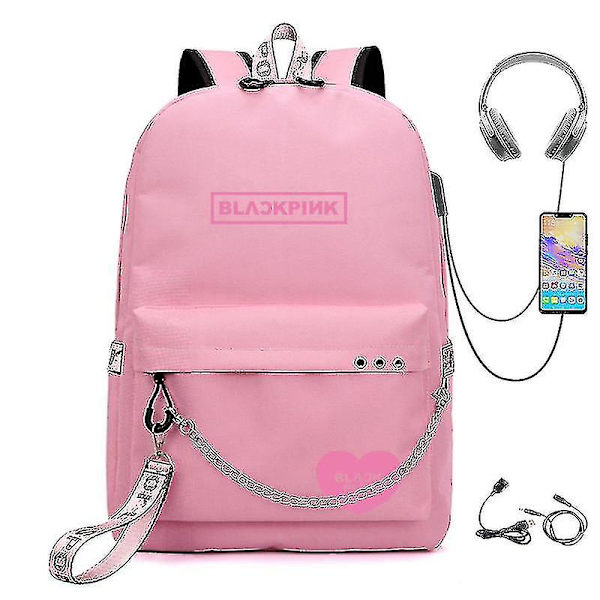Blackpink Ryggsäck USB Laddningsbar Ryggsäck Student Skolväska DB Pink