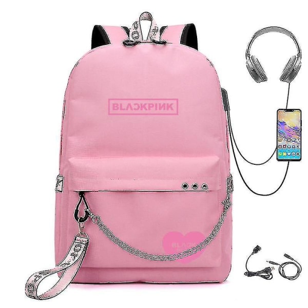 Musta Blackpink-reppu, USB-ladattava reppu, opiskelijoiden koululaukku DB Pink