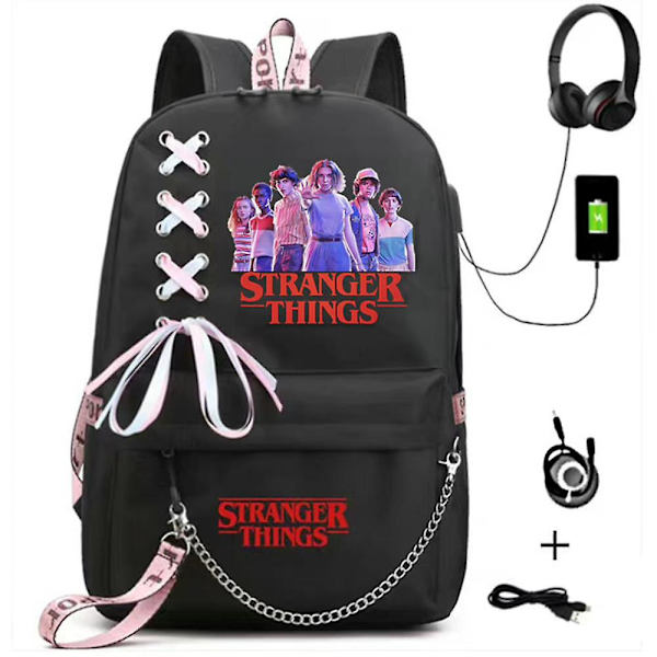 Stranger Things Skolesekk Stor Kapasitet Reiser Ryggsekk Usb Lading Bag [DB] B