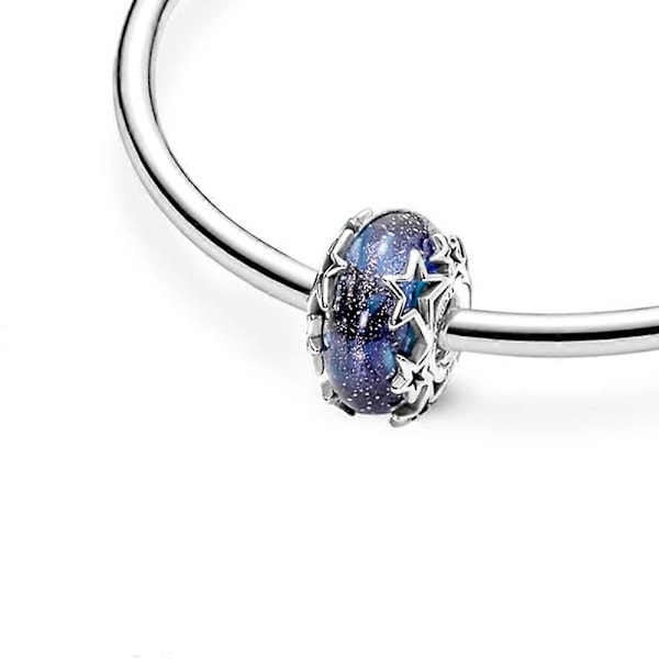 Pandora Hopeasormus Galaxy Blue & Star Murano, Tähti ja Puoliskuu-riipus Naisten Syntymäpäivälahjaksi Rannekoruun DIY Korut [DB] stars and moon