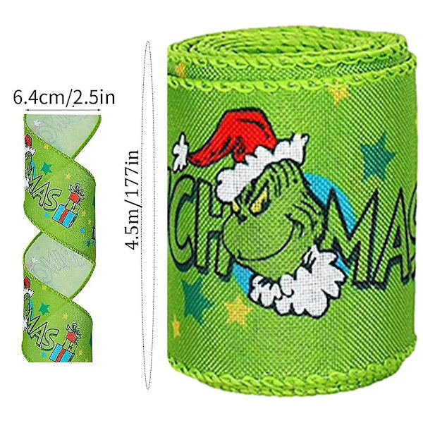Grinch Julebånd - 4,5 m 2,5 tommer Julegave Grinchs Innpakningsbånd, Pynt til Juletre Krans Sløyfer BD C
