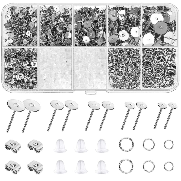 Örhängenstolpar och bakstycken, 1650 st rostfritt stål örhänge gör-det-själv-kit örhänge stolpar stift, örhänge bakstycken, hoppringar