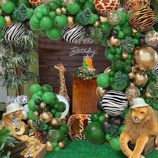 Jungle Balloon Garland set vihreillä, mustilla ja kultaisilla ilmapalloilla