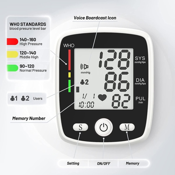 Håndledsblodtryksmonitor Digitalt Bp-monitor Genopladelig Bp-maskine Med 2x90 Aflæsninger Hukommelse Stort Lcd-display Stemmeudsendelse Bærbar Transport