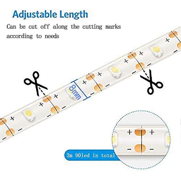3m Batteri LED Strip Lys med Fjernbetjening, LED Lys Strip Vandtæt, 8 Modes, Dæmpbar, Timer, Selvklæbende (Kold Hvid) [DB]