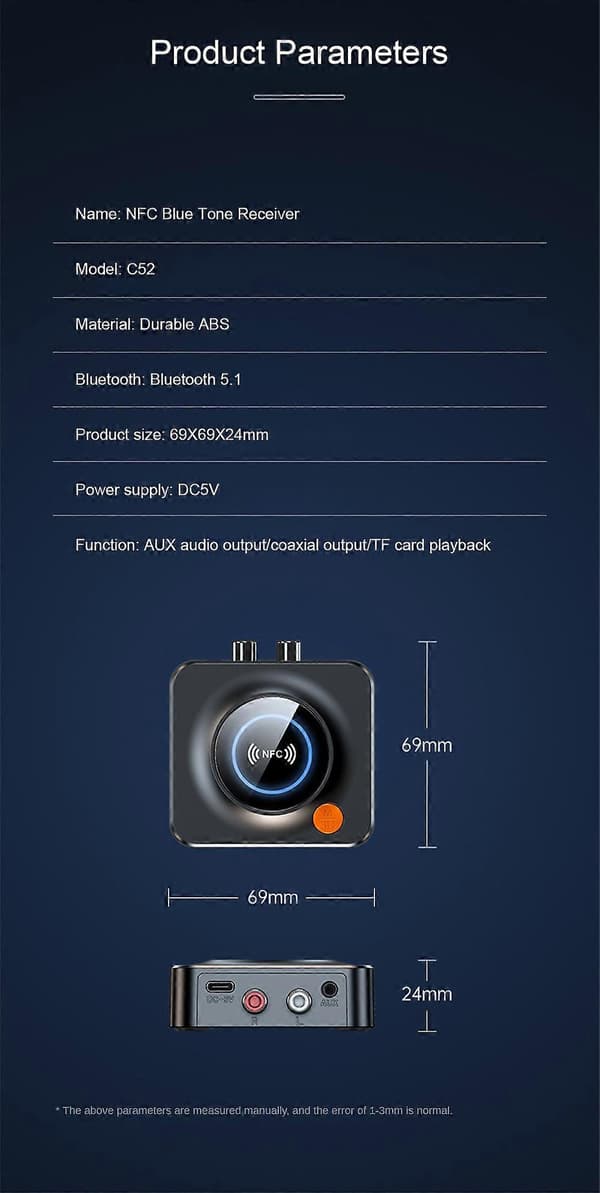 Bluetooth 5.1 Audio Receiver Trådløs AUX 3.5mm RCA NFC Dobbelt Audio Interface Jack Stereo Adapter [DB]