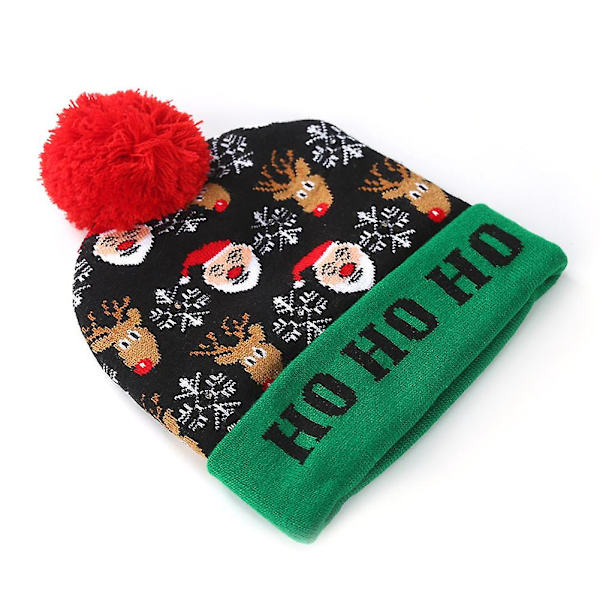 Jultomte, älg och snögubbe LED-ljus stickad mössa med tryck [DB] Old Man + Elk