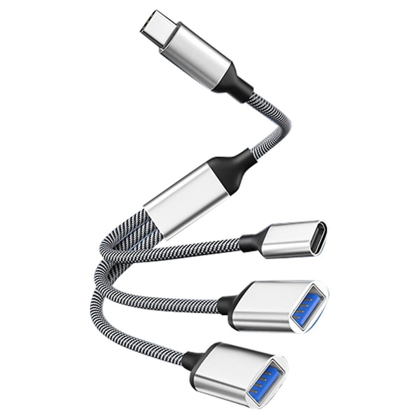 USB-jakokaapeli, datan ja virran jakosovitin, USB C OTG -kaapeli, puhelimen sovitin, puhelimelle, kannettavalle tietokoneelle, tabletille db BlackSilver