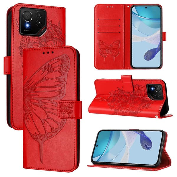 Preget sommerfugl telefondeksel i lær [DB] Red For Asus ROG Phone 9 / 9 Pro