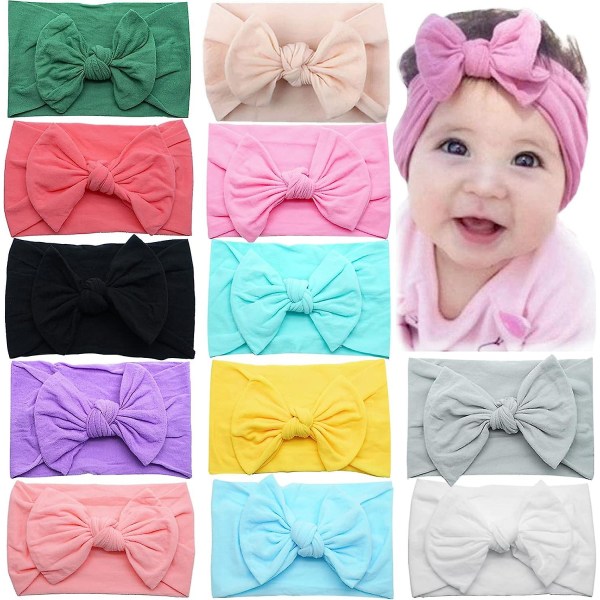 12 stk. Myke Baby Turban Hodebånd Nyfødt Sløyfe Hodebånd Brede Nylon Hodebånd, Elastiske Hårbånd Baby Hodebånd For Jenter Baby Sløyfer