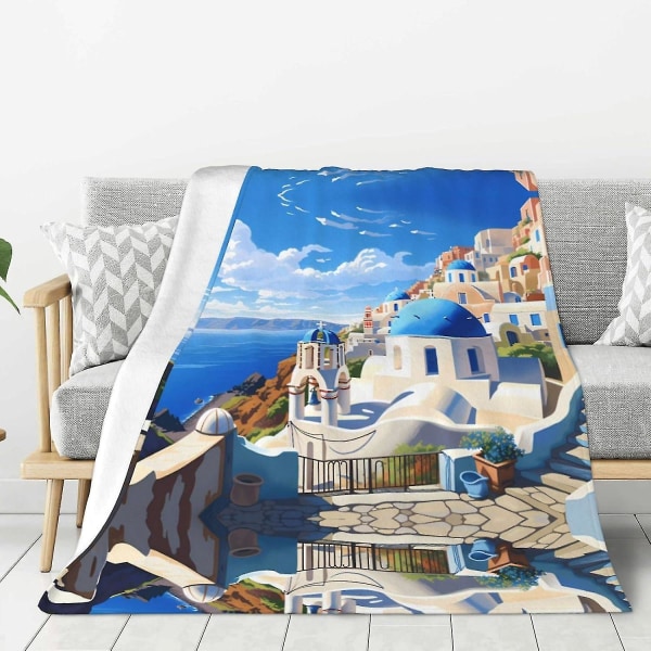 Santorini græske ø Havudsigtsmønster Tykke flanneltæppe 60"x50": Let, varm og holdbar, superblød [dB} 50x40in 125x100cm