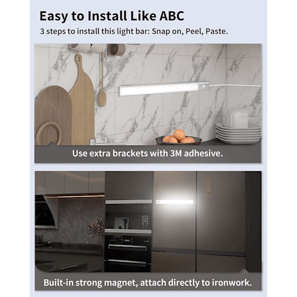 2 i 1 LED-köksbelysning under skåp, USB-laddningsbar och 5V DC-driven, 40 cm självhäftande rörelsesensorljusremsa, trådlös LED-list