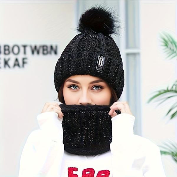 2 stk. Damer Vinter Strikket Beanie Hat med Pom Pom og Fleeceforet Halsvarmer Sæt - Perfekt til Jul Begivenheder db Black One Size Fits All