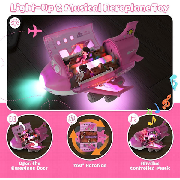 ane Leksaker för flickor 3+ år - 360 Graders Rotationsflygplan med LED-blinkande ljus & Musikljud, Perfekt Barbie Flygplan [DB] Pink -