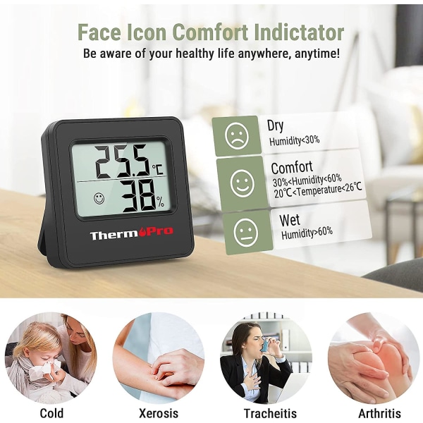 Tp157 digitalt hygrometer indendørs termometer til hjemmet, babyværelset termometer luftfugtighedsmåler med temperatur fugtighedssensor og ansigtsikon Comfort Indi