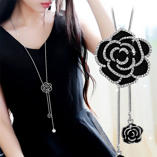 Sort Halskæde med Lang Vedhæng i Sort Rose Blomst til Sweater Kæde Krystal Smykker Gave til Kvinder DB Silver 1pc