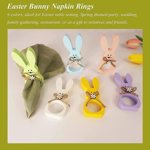 Påske serviettringer sett med 6, Wood Bunny serviettringer kanin serviettringholdere til påske, vårfest, spisebordpynt