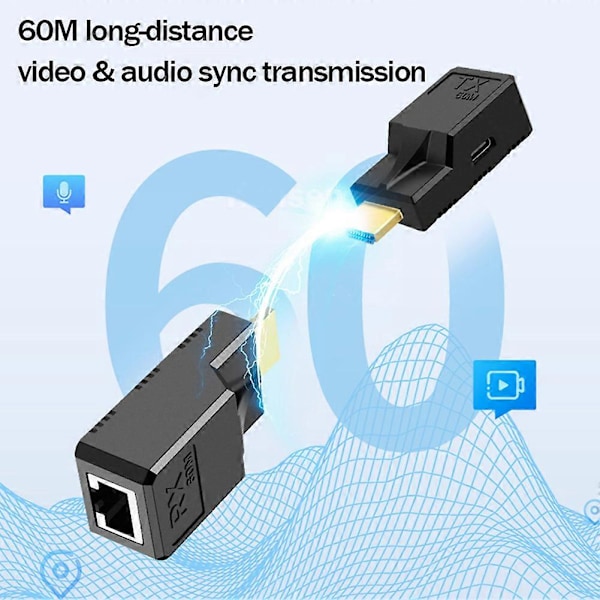 60M HDMI-kompatibel till RJ45 Adapter 1080p HDMI-kompatibel till Ethernet Nätverkskabel Förlängare Konverterare [DB] HE60