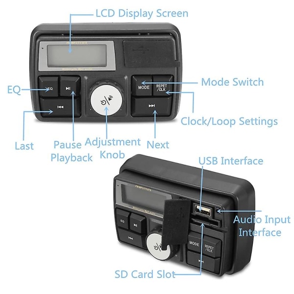 Motorcykel ljud Mp3 Radio Stereo Högtalare Bluetooth Vattentät Fm 5 Eq Funktioner Lcd-skärm Usb/s [DB] Black