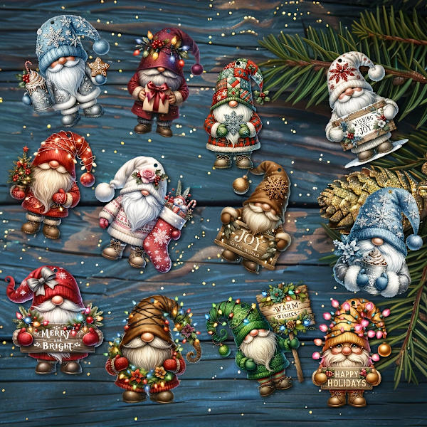 12 st Handgjorda Trähängande Jultomtar - Perfekt Present för Julen - Inga Batterier Krävs 12pcs Set