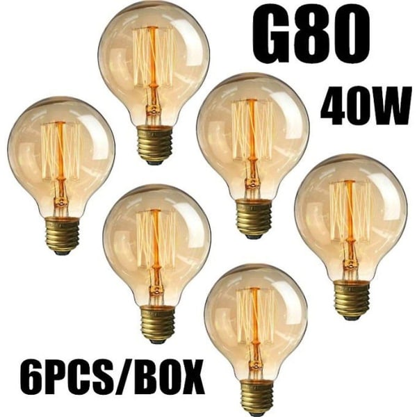6 stk. 40w lyspærer E27 Vintage Edison G80 glødelampe varm hvit 220v [DB]