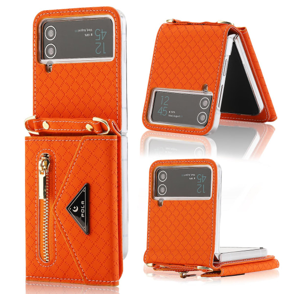 Lommebokveske kompatibel med Galaxy Z Flip 4, Crossbody Lanyard Pu lær beskyttelsesdeksel med kortspor (oransje)