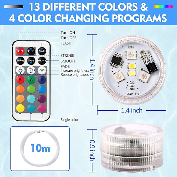 10 st Mini Nedsänkbara LED-lampor, Aled Ljus Under Vatten Lampor Vattentäta Rgb Flerfärgade LED-ljus med 2 Fjärrkontroller [Db]