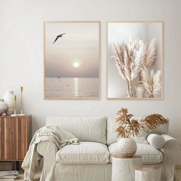 3 kpl Beige ruoho Sunset Beach Palm Tree Canvas maalaus pohjoismaisia ​​julisteita ja tulosteita seinäkuvia