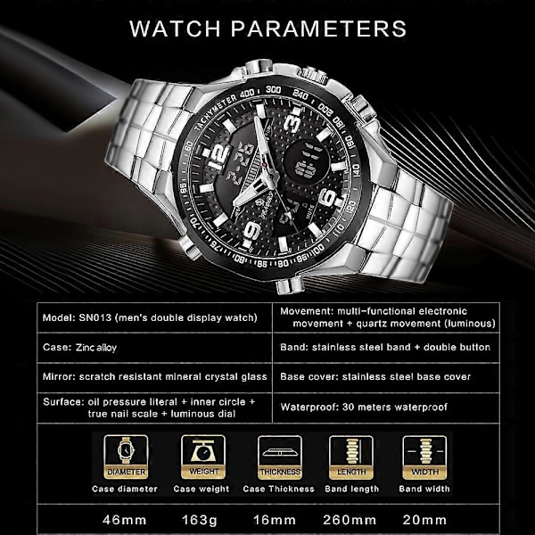 Herre Analog Digital Ur Herre Business Ur 3ATM Vandtæt Armbåndsure med Rustfrit Stål Rem Multifunktionelt Selvlysende Sportsur Chron [DB] Brown