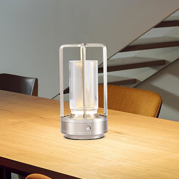 Krystal Lanterne Lampe, Krystal Bordlampe Genopladelig, Krystal Touch Lampe, Bærbar LED Skrivebordslampe, Ledningsfri Bordlampe db Silver