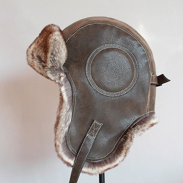 Vinter Ushanka-lue for menn og kvinner - Pilot, flyger, bomber, trapper-lue i kunstig pels og skinn, snølue med øreflapper {DB} L 58-60 cm Brown