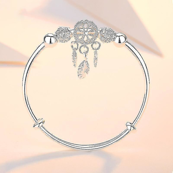 Justerbart 925 Sterling Silver Dreamcatcher Tassel Feather Round Bead Charm Armband & Bangle db