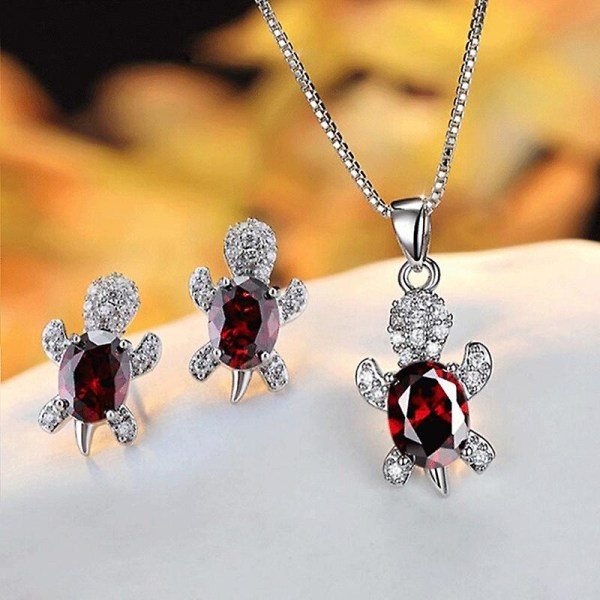 1 sett øredobber halskjede skilpadde anheng rhinestone smykker skinnende stud øredobber choker halskjede for bryllup Red