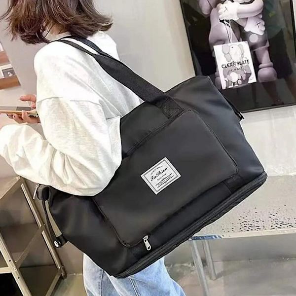 Stor Kapacitet Foldbar Rejsetaske, Letvægts Udvidelig Rejsetaske, Gym Tote Taske Weekender Overnatningstaske Gaver DB Black