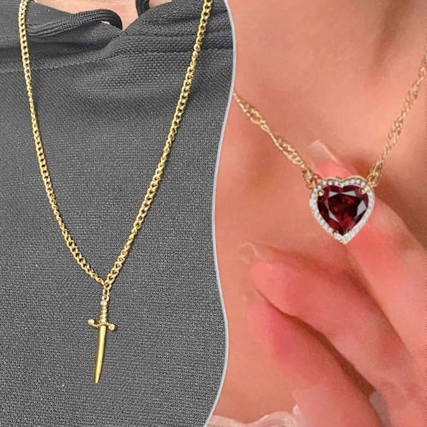 Hjerte og Sverd Par Halskjede Gull Rustfritt Stål Rosa Hjerte Zirkonia Kjede Trendy Matchende Sverd Gjennom Hjerte Halskjede Sett Romantisk Ne [DB] gold red