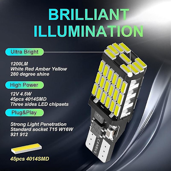 2/6x T15 Led W16w Pærer Canbus Obc Fejlfri Led Baklys 921 912 W16w Led Pærer Bil Baklygte Xenon Hvid 12v Ingen Fejl  (dp) [DB] 2PCS Amber Yellow