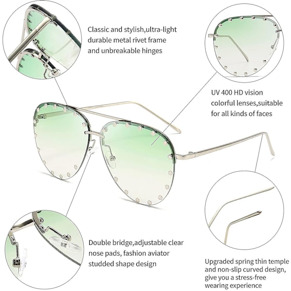 Smykke-solbriller for kvinner - Mote Aviator-solbriller med metallramme UV 400{ DB} silver Frames-Gradient Green