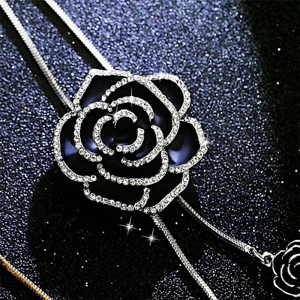 Svart ros blomma lång hänge halsband tröja kedja kristall kvinnor smycken gåva DB Silver 1pc