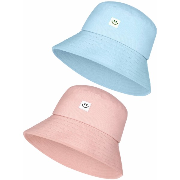 Leende ansikte Bucket Hats Fällbar Strand Solhattar Fiskehatt för Kvinnor Män(Rosa, Blå)