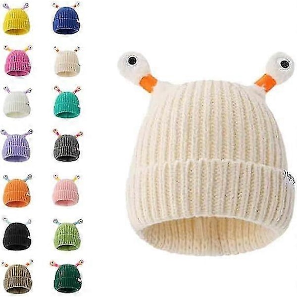 Vinter Förälder-barn Söt Glödande Liten Monster Stickad Mössa, Sunny Söt Monster Beanies Mössa, Rolig Glödande Monster Stickad Mössa DB Beige