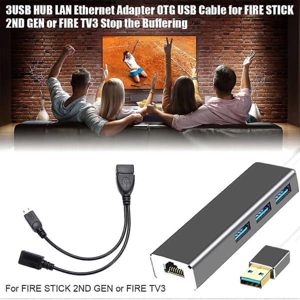 3-porttinen USB-keskitin ja LAN Ethernet-liitin OTG-sovitin Fire Gen 2/3/4 -laitteille Grey