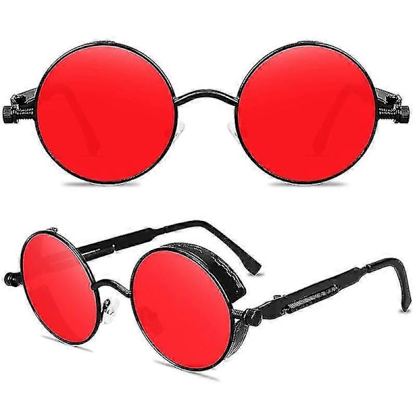 DB Voksne Steampunk Runde Solbriller Vintage Retro Cirkel Cyberpunk Briller Black Red