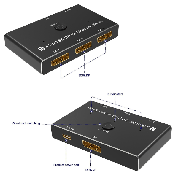 Displayport 1.4 -jakaja 1x3 -vaihtokytkin 8k@30hz Hd -näyttö 4k@144hz jaetun näytön muuntaja