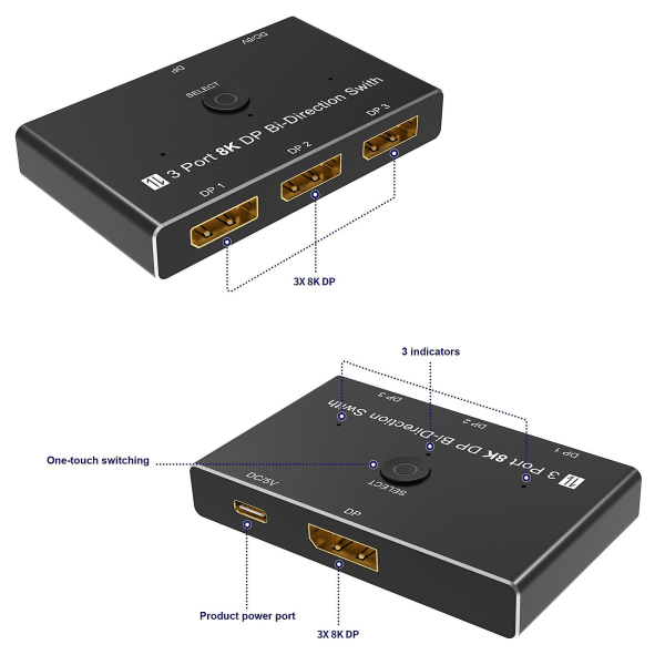 Displayport 1.4 Splitter 1x3 Interchange Switcher 8k@30hz Hd Display 4k@144hz Split Screen Converte